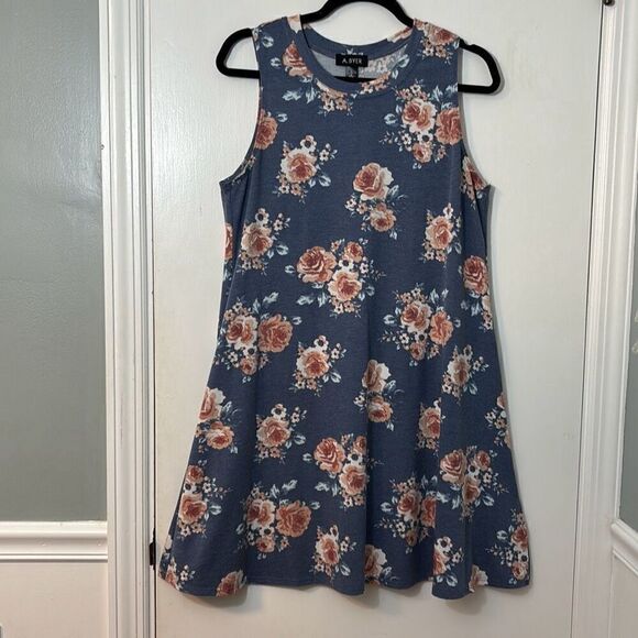 A. Byer rose floral on blue print simple sleeveless A-line dress L - Picture 4 of 6